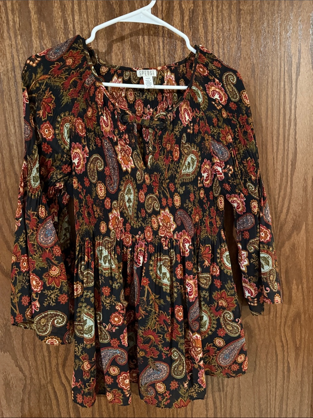 Spense Black Paisley Floral Peasant Tunic with Rust and Olive Accents